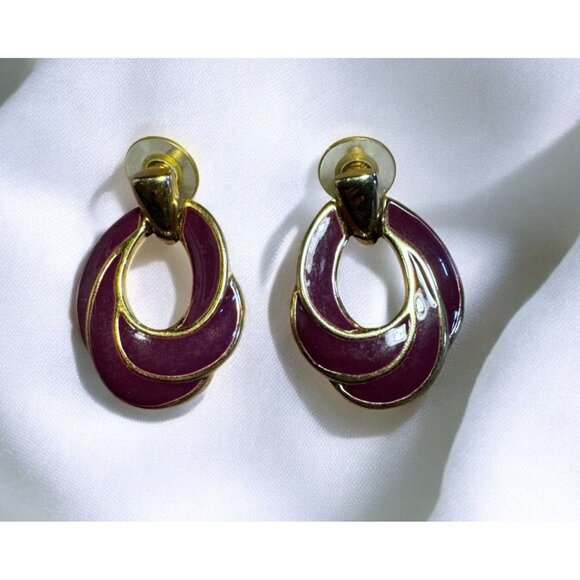 Napier Jewelry - Napier Vintage Pierced Earrings Gold Tone & Burgundy Enamel